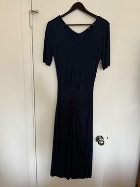 Hugo Boss Navy Blue Midi Dress Ruched Front V-Neck Short Sleeve Sz 2-4